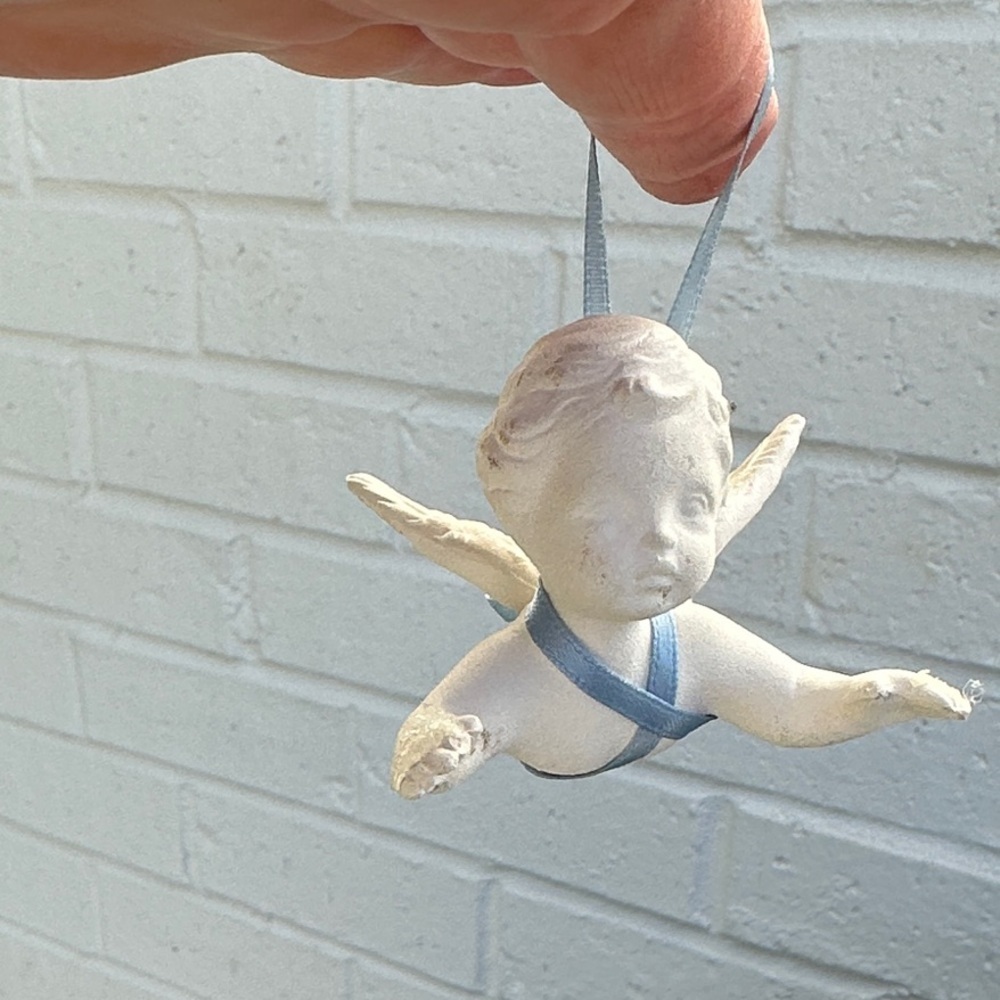 White Cherub Angel Ceramic Ornament W/Blue Ribbon for hanging on Christmas Tree